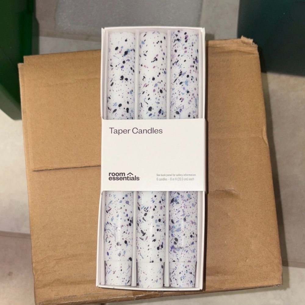 NWT room essentials Taper Candles, White w/ Blue Purple Black Paint Splatter